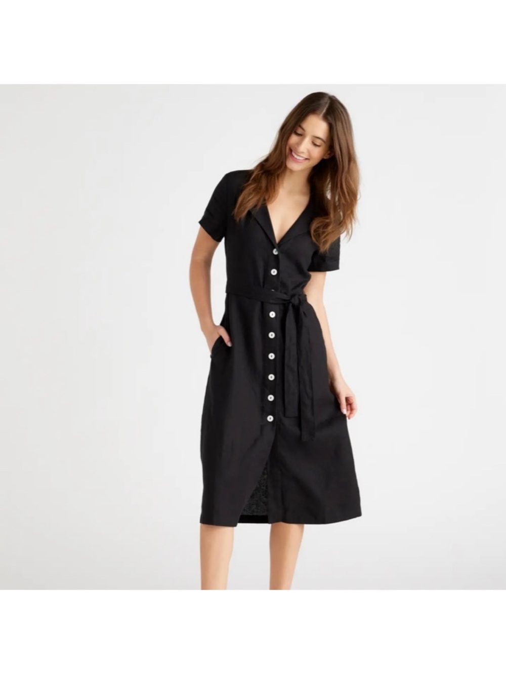 Quince Linen Black Button-Front Tie-Waist Midi Dress Medium